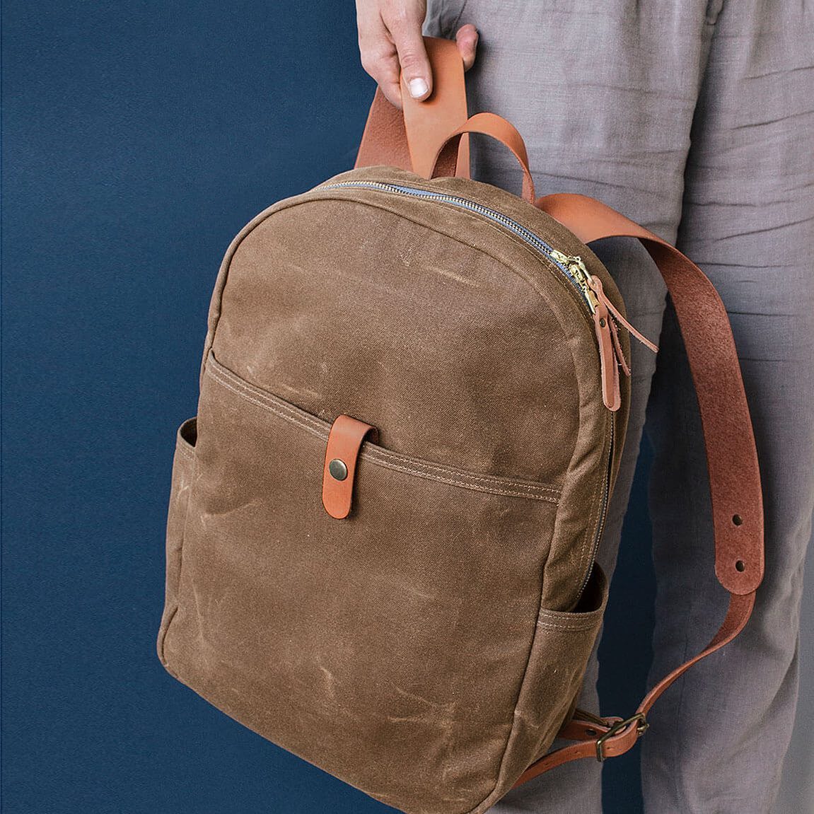 Barton waxed canvas and vegetable tanned leather backpack in brown color